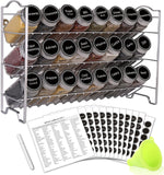 Spice Rack Organizer with 24 Empty Glass Spice Jars, 396 Spice Labels with Chalk Marker and Funnel Complete Set, for Countertop, Cabinet or Wall Mount, Silver