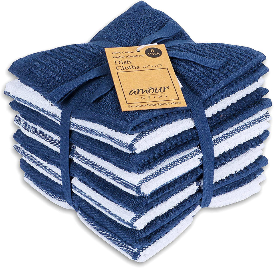 Premium Set of 8 Terry Dish Cloths - Ultra Absorbent and Soft Kitchen Dish Towels - Reusable Quick-Dry Cleaning Rags for Efficient Dish Drying (12x12 Inches - Blue)