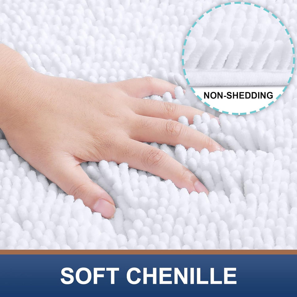 Luxury Chenille Bath Rug 47''X17'', Extra Soft and Absorbent Shaggy Bathroom Mat Rugs, Machine Washable, Non-Slip Plush Carpet Runner for Tub, Shower, and Bath Room, White