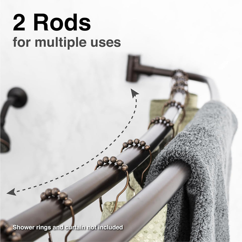 Double Curved Shower Rod, Metal Construction, Adjustable between 44 to 70 Inches, Aluminum Rods and Zinc Mounting Hardware, Quality Modern Bathware, Oil Rubbed Bronze Finish