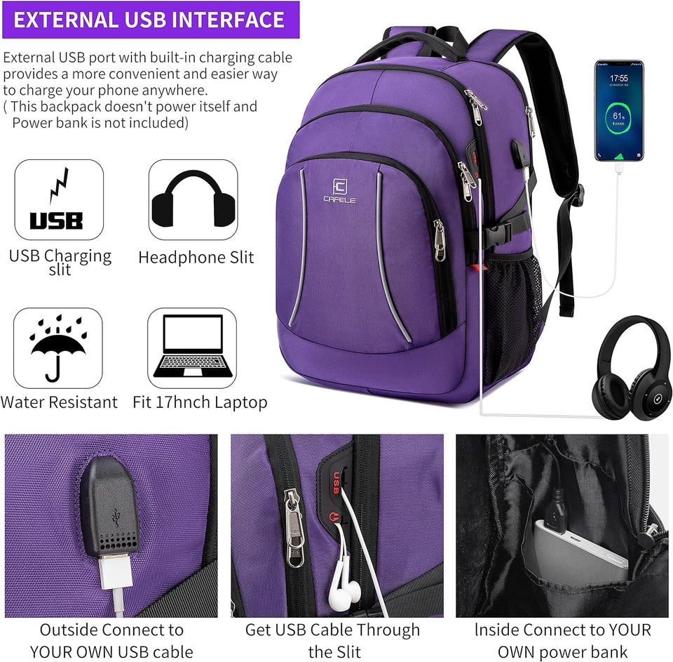 "17.3-Inch Travel Laptop Backpack – Water-Resistant, RFID Anti-Theft for School & Casual Use (Purple)"