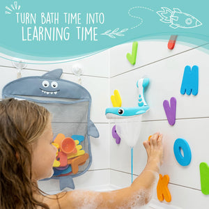 Baby Bath Toy Organizer - Shark +36 Bath Letters & Numbers +Extra Bath Toy Storage Net & 10 Strong Hooks, Great Bath Net for Kids, Cute Bathtub Toy Organizer and Bath/Shower Caddy Solution