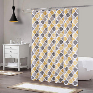 Geometric Quatrefoil Patterned Modern Poly-Cotton Stall Fabric Shower Curtain for Bathroom, Yellow/Grey, 54X78 Inches