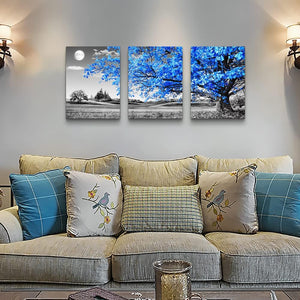 Wall Art for Living Room Black and White Blue Tree Moon Canvas Wall Decor for Home Artwork Painting 12" X 16" 3 Pieces Canvas Print for Bedroom Decor Modern Salon Kitchen Office Hang a Picture