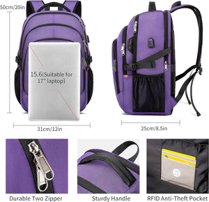 "17.3-Inch Travel Laptop Backpack – Water-Resistant, RFID Anti-Theft for School & Casual Use (Purple)"