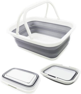 9.2L (2.37Gallon) Collapsible Tub with Handle - Portable Outdoor Picnic Basket/Crater - Foldable Shopping Bag - Space Saving Storage Container (1, White/Grey)