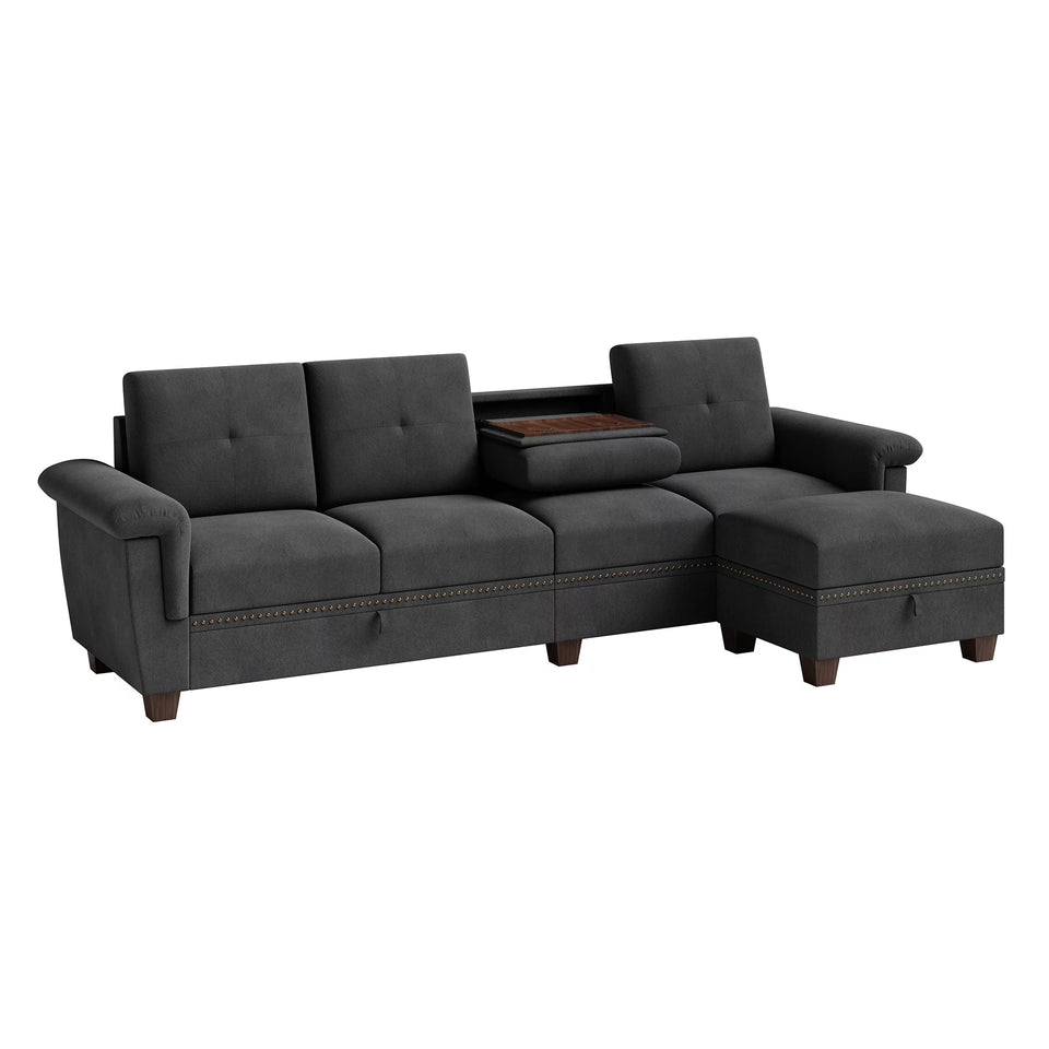 Convertible Sectional Sofa L Shaped Couch with Storage Chaise, 4-Seater Reversible Sectional Couch with Cup Holders Black