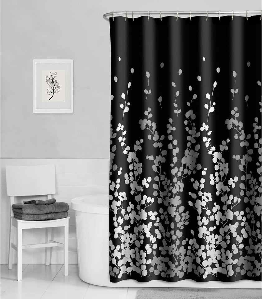 Sylvia Printed Faux Silk Fabric Shower Curtain, Black and White, 70 X 72 Inches