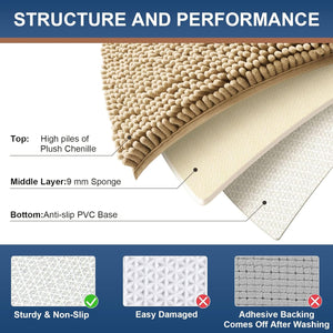 Luxury Chenille Bath Rug 24''X16'', Extra Soft and Absorbent Shaggy Bathroom Mat Rugs, Machine Washable, Non-Slip Plush Carpet Runner for Tub, Shower, and Bath Room, Beige