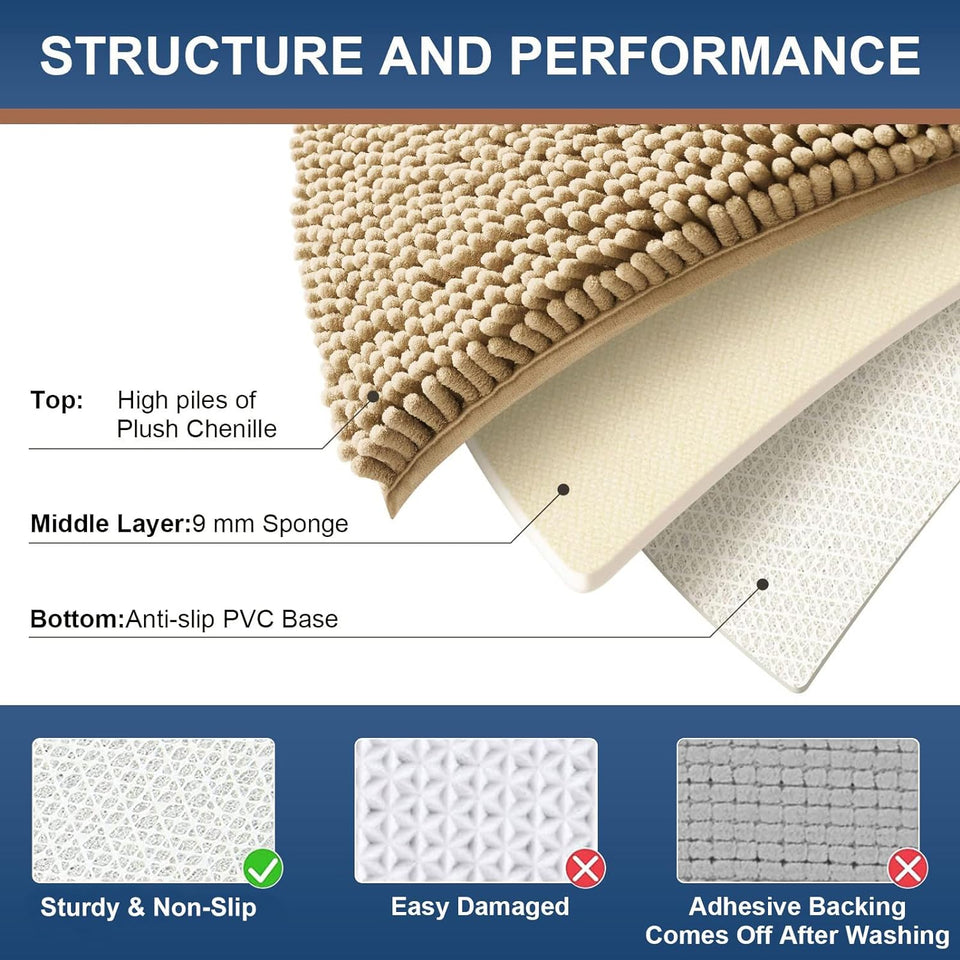 Luxury Chenille Bath Rug 24''X16'', Extra Soft and Absorbent Shaggy Bathroom Mat Rugs, Machine Washable, Non-Slip Plush Carpet Runner for Tub, Shower, and Bath Room, Beige