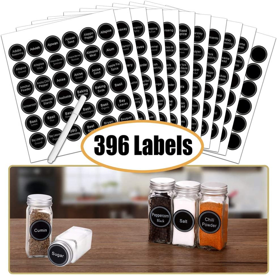 Spice Rack Organizer with 24 Empty Glass Spice Jars, 396 Spice Labels with Chalk Marker and Funnel Complete Set, for Countertop, Cabinet or Wall Mount, Silver