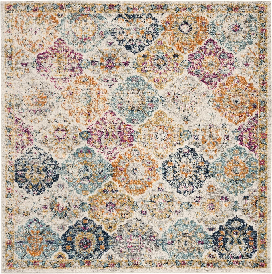 Madison Collection Area Rug - 5'3" Square, Cream & Multi, Boho Chic Distressed Design, Non-Shedding & Easy Care, Ideal for High Traffic Areas in Living Room, Bedroom (MAD611B)