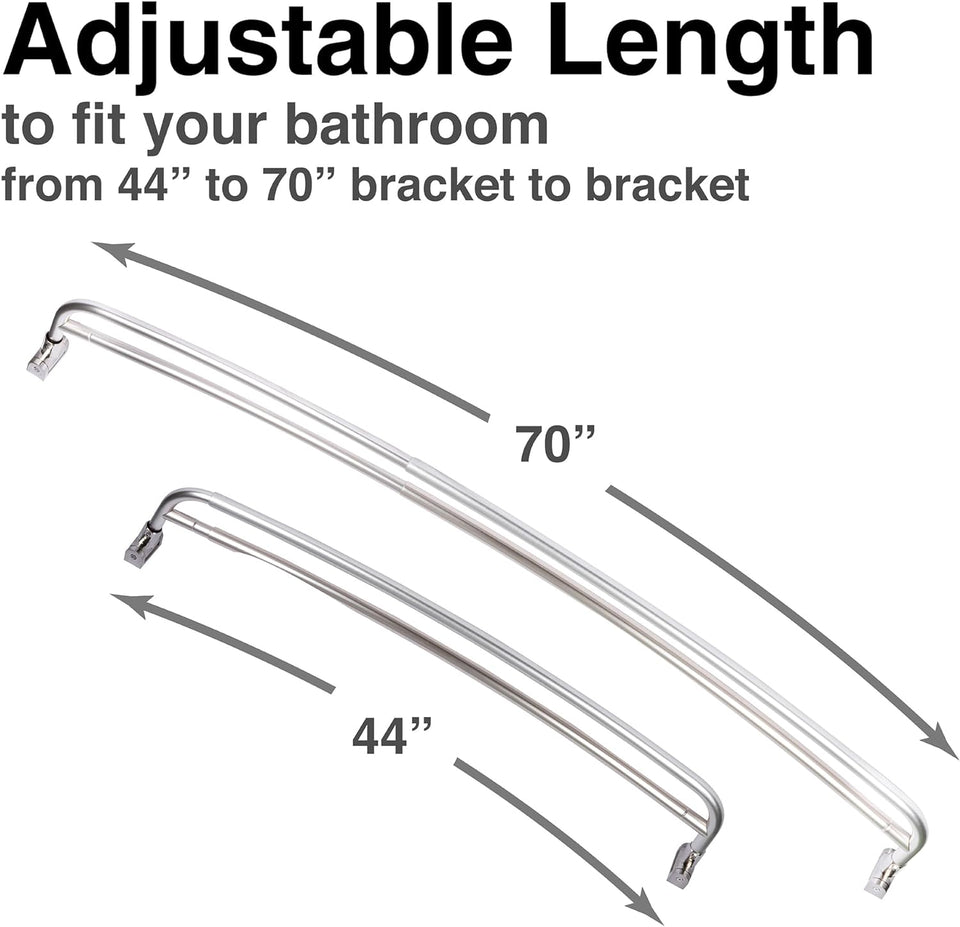 Double Curved Shower Rod, Metal Construction, Adjustable between 44 to 70 Inches, Aluminum Rods and Zinc Mounting Hardware, Quality Modern Bathware, Brushed Nickel Finish