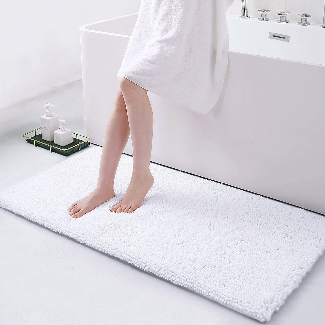 Luxury Chenille Bath Rug 47''X17'', Extra Soft and Absorbent Shaggy Bathroom Mat Rugs, Machine Washable, Non-Slip Plush Carpet Runner for Tub, Shower, and Bath Room, White