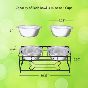 Elevated Dog and Cat Bowls - Decorative 6.5-Inch-Tall Raised Stand with 2 Stainless-Steel Food and Water Bowls - Hold 40Oz Each by  (Black)