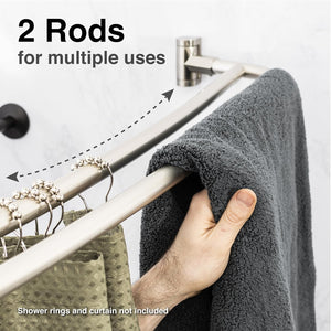 Double Curved Shower Rod, Metal Construction, Adjustable between 44 to 70 Inches, Aluminum Rods and Zinc Mounting Hardware, Quality Modern Bathware, Brushed Nickel Finish