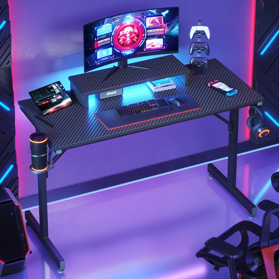 42" Gaming Desk PC Computer Office Table Desk with LED Lights & Monitor Stand & Headphone Hook & Cup Holder in Carbon Fiber Black