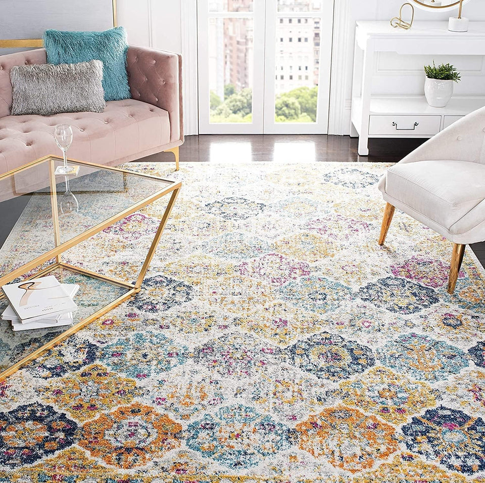 Madison Collection Area Rug - 5'3" Square, Cream & Multi, Boho Chic Distressed Design, Non-Shedding & Easy Care, Ideal for High Traffic Areas in Living Room, Bedroom (MAD611B)