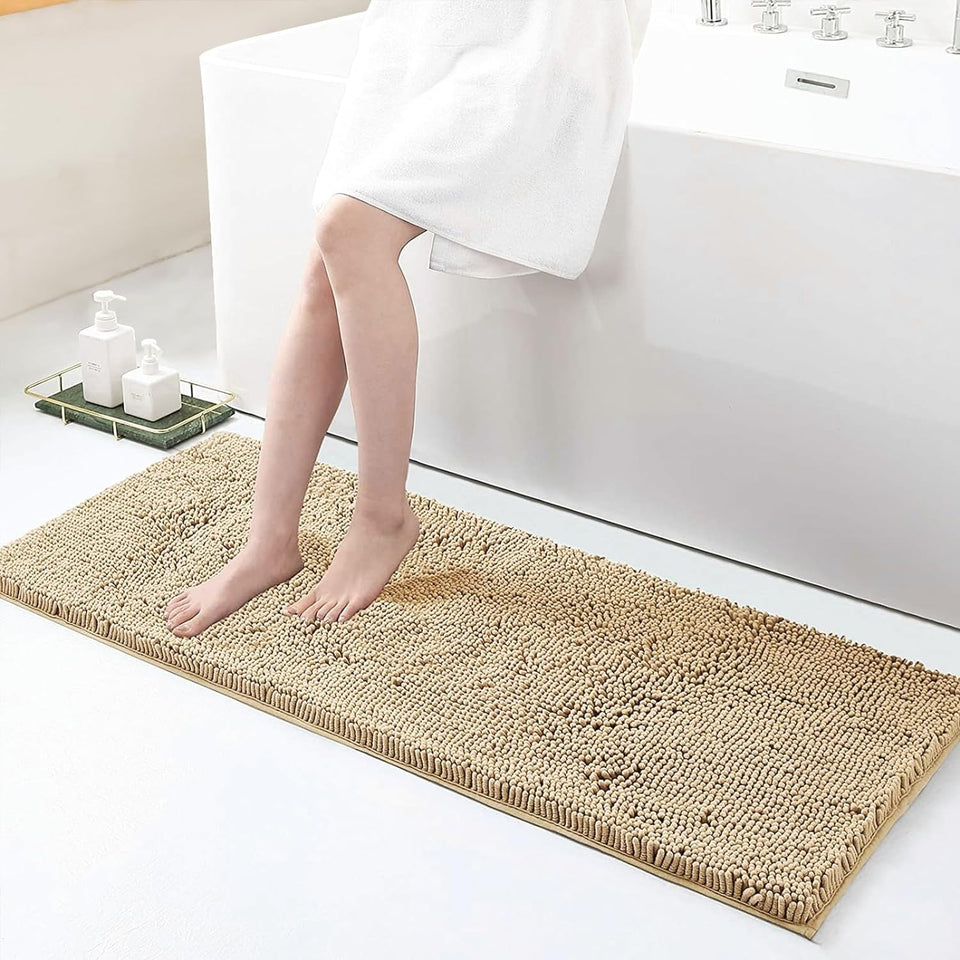 Luxury Chenille Bath Rug 47''X17'', Extra Soft and Absorbent Shaggy Bathroom Mat Rugs, Machine Washable, Non-Slip Plush Carpet Runner for Tub, Shower, and Bath Room, Beige