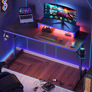 42" Gaming Desk PC Computer Table with LED Lights & Monitor Stand & Hook & Cup Holder in Blue