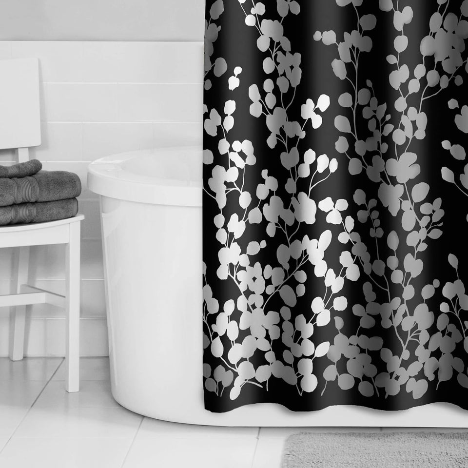 Sylvia Printed Faux Silk Fabric Shower Curtain, Black and White, 70 X 72 Inches