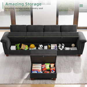 Convertible Sectional Sofa L Shaped Couch with Storage Chaise, 4-Seater Reversible Sectional Couch with Cup Holders Black