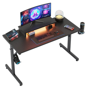 42" Gaming Desk PC Computer Office Table Desk with LED Lights & Monitor Stand & Headphone Hook & Cup Holder in Carbon Fiber Black