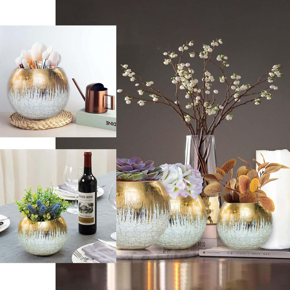 4" Gold Foiled Crackle Glass Flower Vase, Bubble Vase