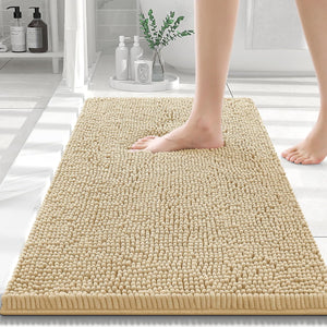 Luxury Chenille Bath Rug 24''X16'', Extra Soft and Absorbent Shaggy Bathroom Mat Rugs, Machine Washable, Non-Slip Plush Carpet Runner for Tub, Shower, and Bath Room, Beige