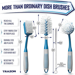 Premium 4-Piece Dish Brush Set: Includes Bottle Brush, Dish Scrub Brush, Scrubber Brush, and Straw Brush - Ergonomic Non-Slip Long Handle for Efficient Kitchen Cleaning