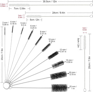 16-Piece Set of Reusable Straw Cleaning Brushes for Bottles and Test Tubes - Nylon Washing Tool in Various Sizes (White-Black)