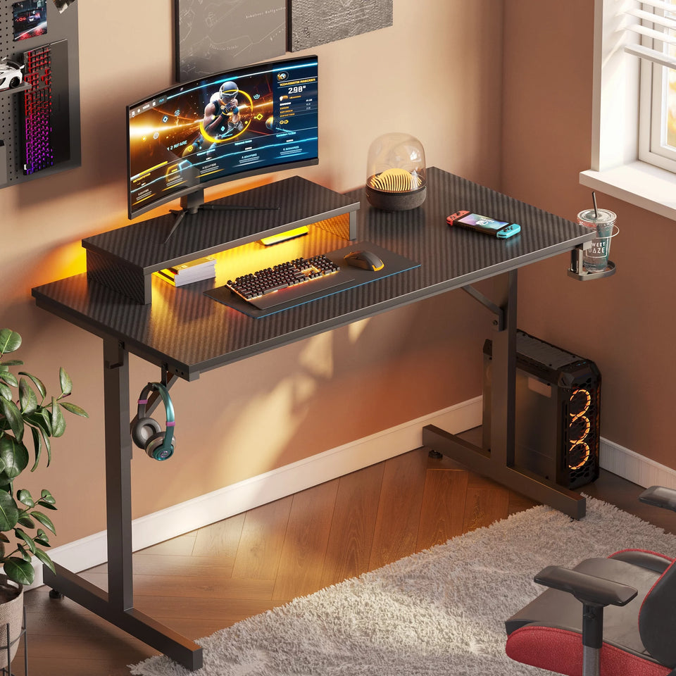 42" Gaming Desk PC Computer Office Table Desk with LED Lights & Monitor Stand & Headphone Hook & Cup Holder in Carbon Fiber Black