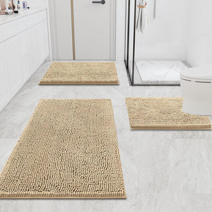 Luxury Chenille Bath Rug 24''X16'', Extra Soft and Absorbent Shaggy Bathroom Mat Rugs, Machine Washable, Non-Slip Plush Carpet Runner for Tub, Shower, and Bath Room, Beige