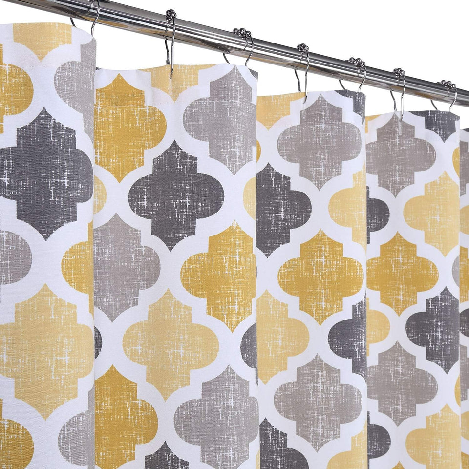 Geometric Quatrefoil Patterned Modern Poly-Cotton Stall Fabric Shower Curtain for Bathroom, Yellow/Grey, 54X78 Inches