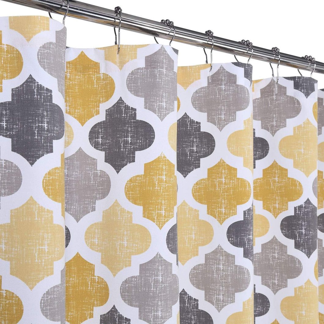 Geometric Quatrefoil Patterned Modern Poly-Cotton Stall Fabric Shower Curtain for Bathroom, Yellow/Grey, 54X78 Inches