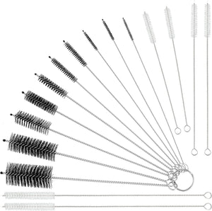 16-Piece Set of Reusable Straw Cleaning Brushes for Bottles and Test Tubes - Nylon Washing Tool in Various Sizes (White-Black)