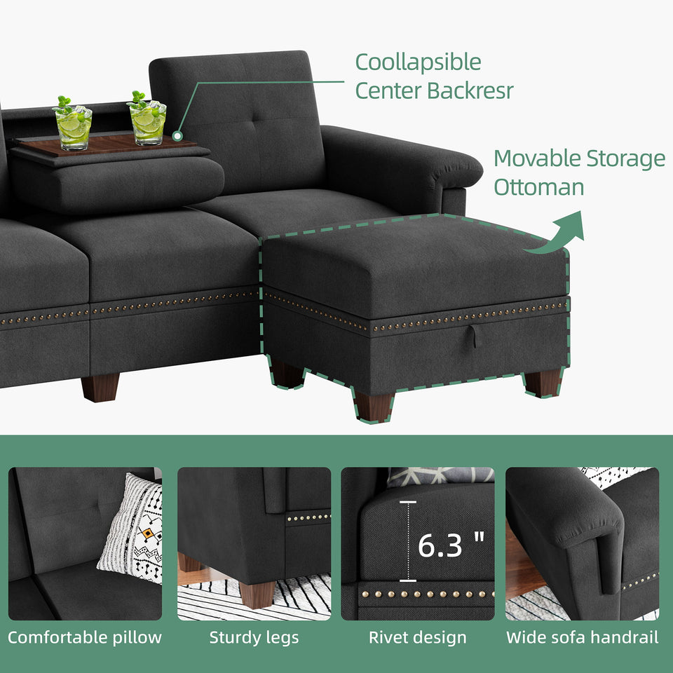 Convertible Sectional Sofa L Shaped Couch with Storage Chaise, 4-Seater Reversible Sectional Couch with Cup Holders Black