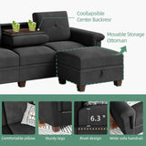 Convertible Sectional Sofa L Shaped Couch with Storage Chaise, 4-Seater Reversible Sectional Couch with Cup Holders Black